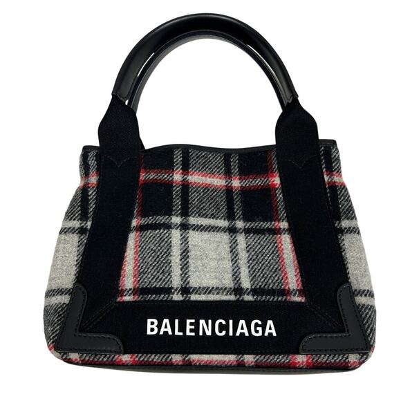 Balenciaga Red Gray Wool Plaid Cabas Convertible Small Tote - Picture 1 of 9